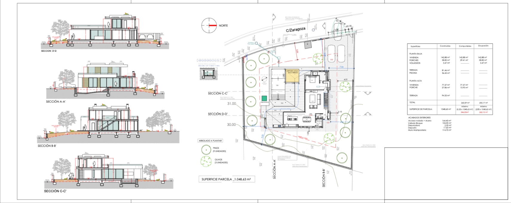 Plan architectural détaillé d'une villa moderne, montrant la disposition des espaces et des jardins.