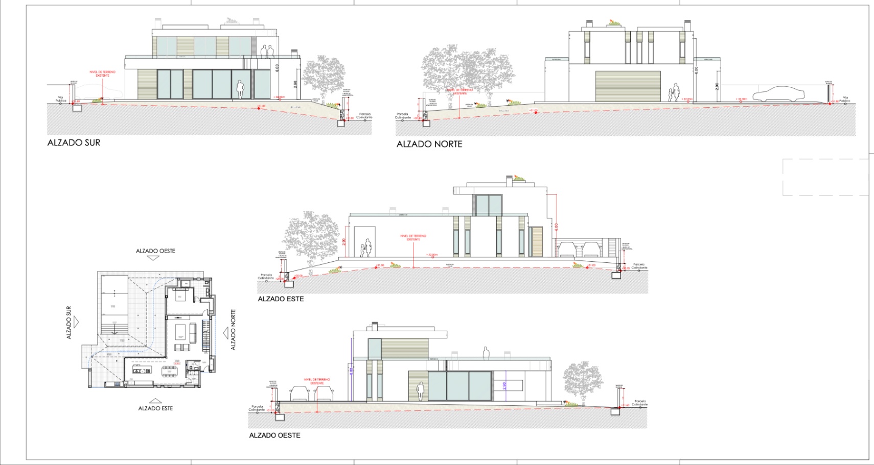 Plans d'élévation architecturale d'une villa moderne à deux étages avec de larges fenêtres et aménagement du terrain.