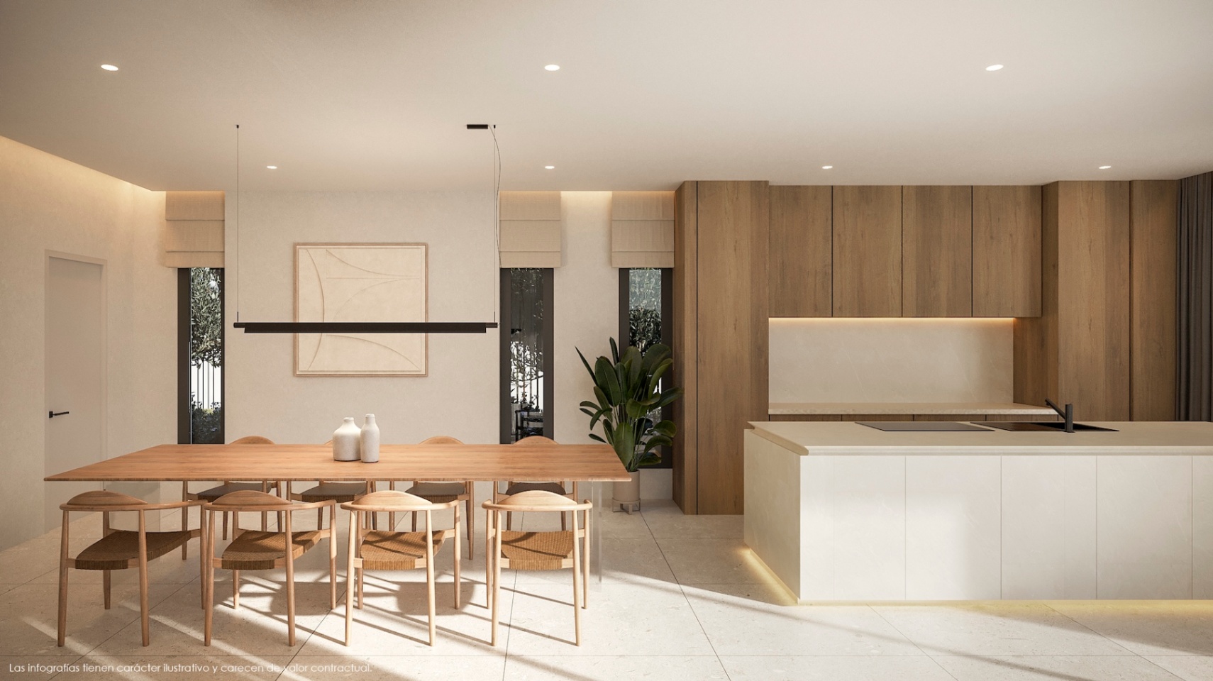 Salle à manger moderne avec table en bois clair et chaises design, adjacente à une cuisine avec îlot blanc et placards en bois.