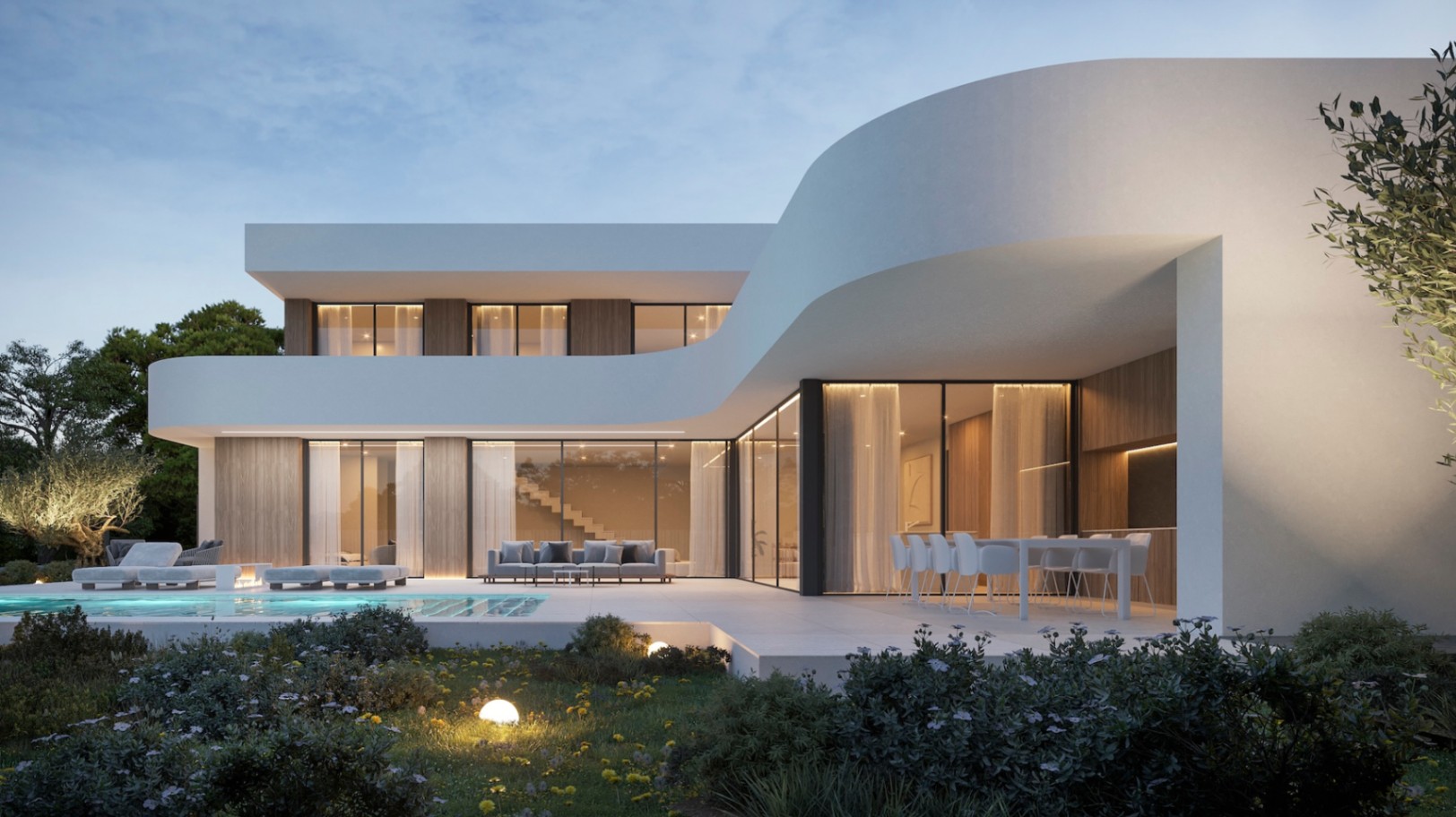 Vue extérieure de la villa moderne avec piscine, jardin fleuri et façade blanche incurvée.