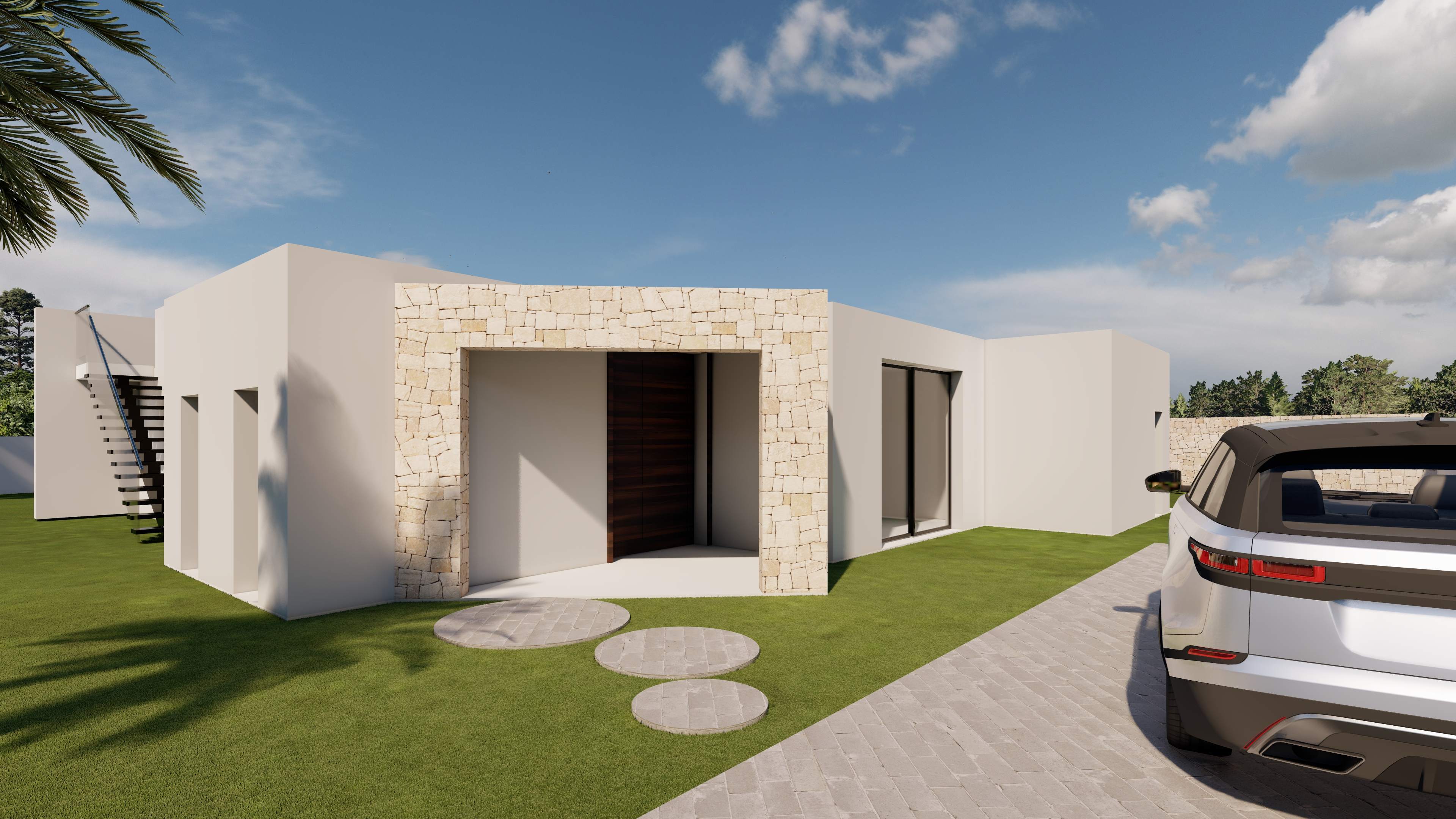 Entrée principale minimaliste avec porte en bois sombre encadrée de pierre naturelle, dalles circulaires et allée pavée menant à la villa.