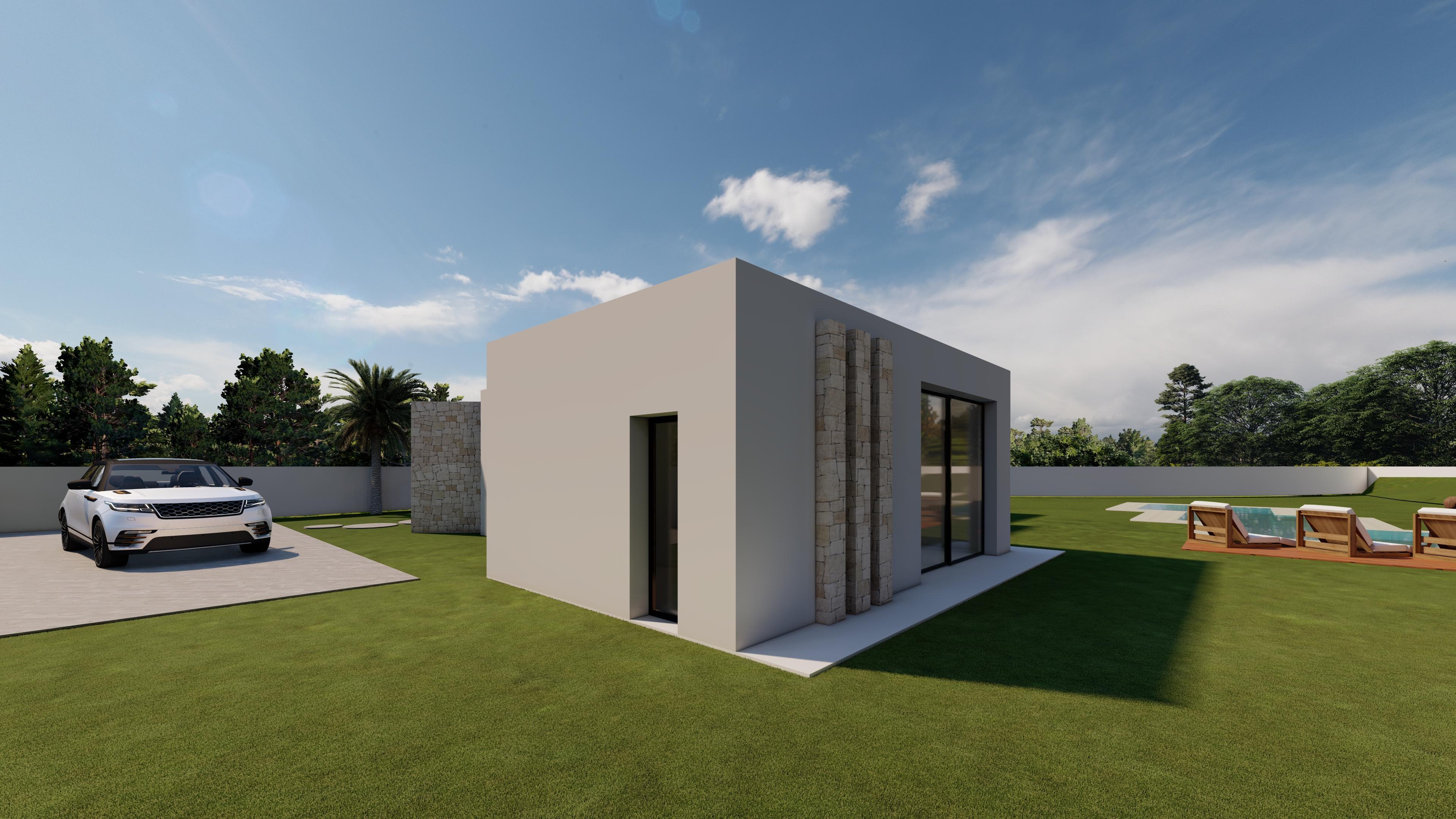 Extérieur de villa moderne avec façade blanche, colonnes en pierre naturelle, jardin paysager et piscine avec terrasse en bois et bains de soleil.