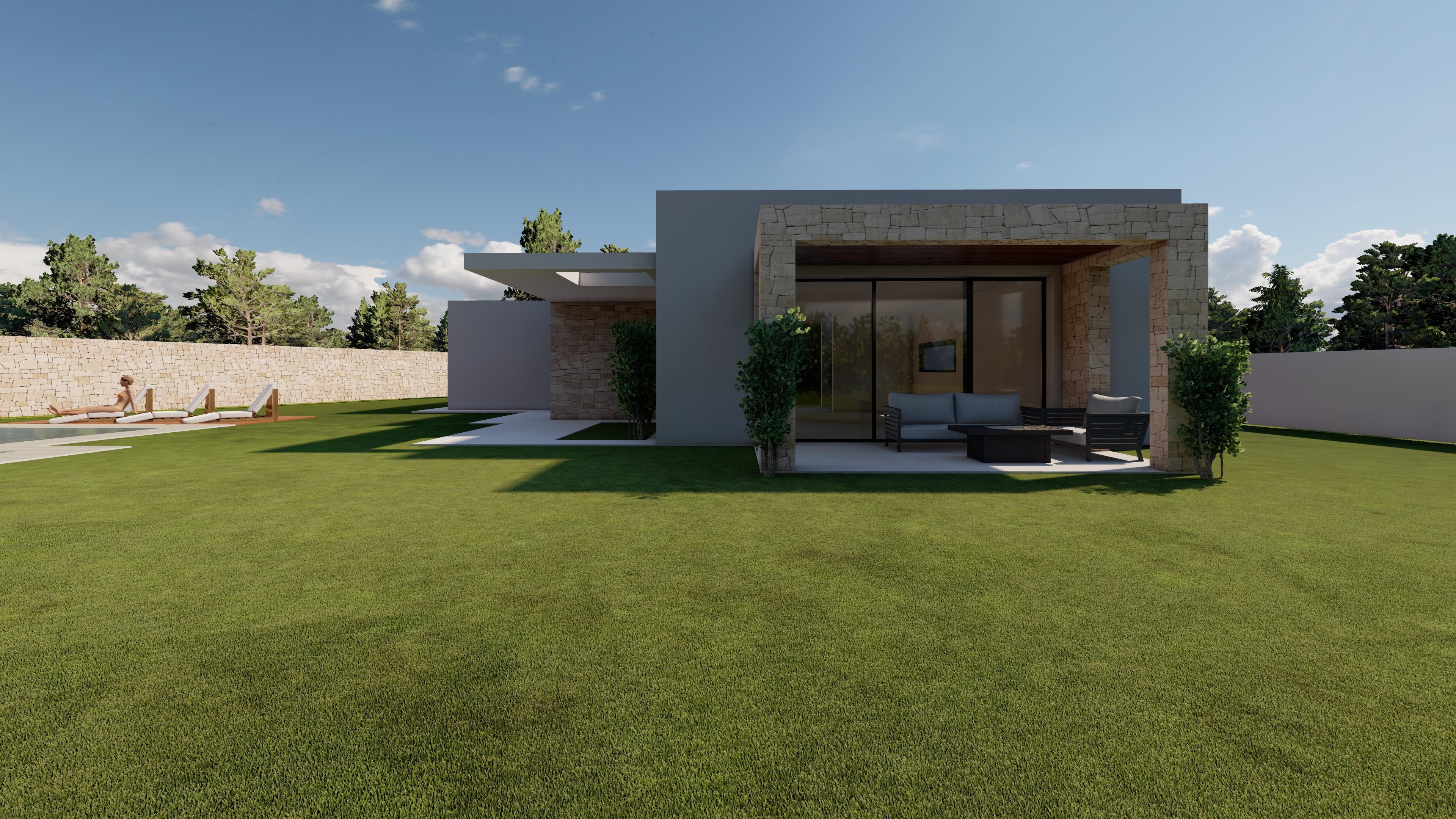 Extérieur de villa moderne avec vaste pelouse, terrasse couverte en pierre naturelle équipée d'un salon de jardin et aperçu de la piscine avec bains de soleil.