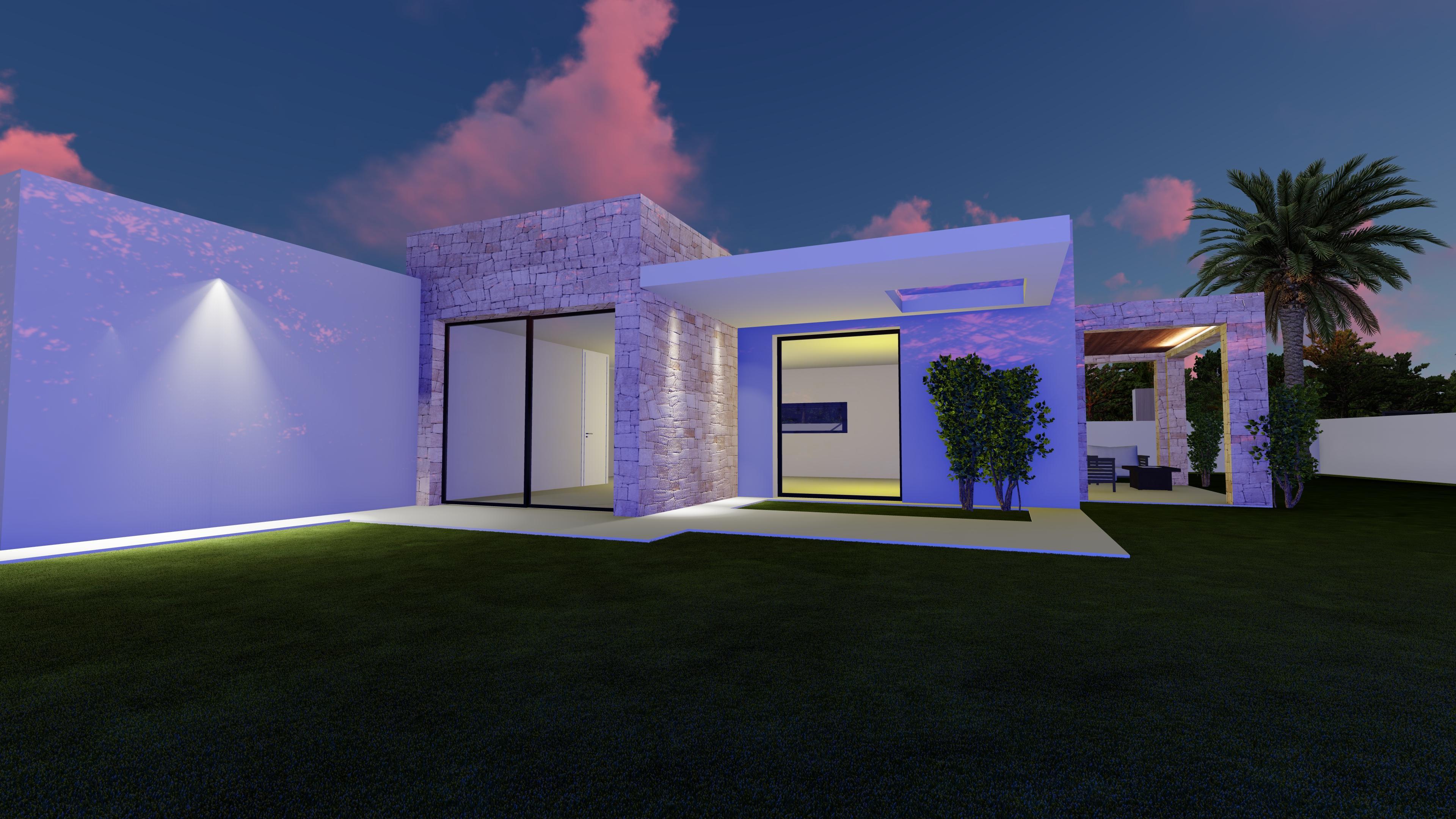Extérieur moderne avec murs en pierre naturelle, baies vitrées toute hauteur et éclairage architectural intégré sur un jardin paysager au crépuscule.