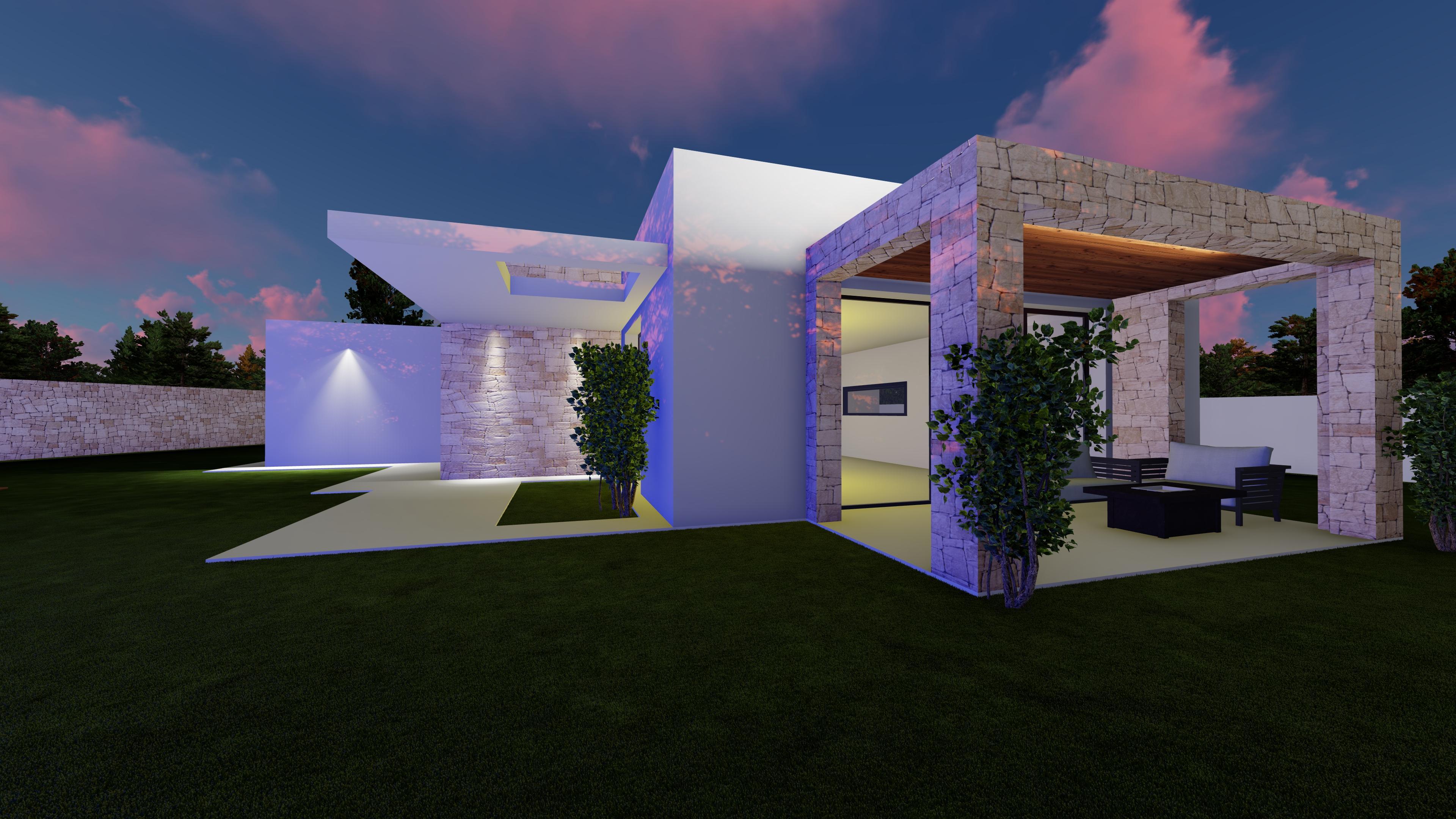 Façade moderne au crépuscule avec murs en pierre naturelle, toit en porte-à-faux et terrasse couverte avec plafond en bois et mobilier de jardin.