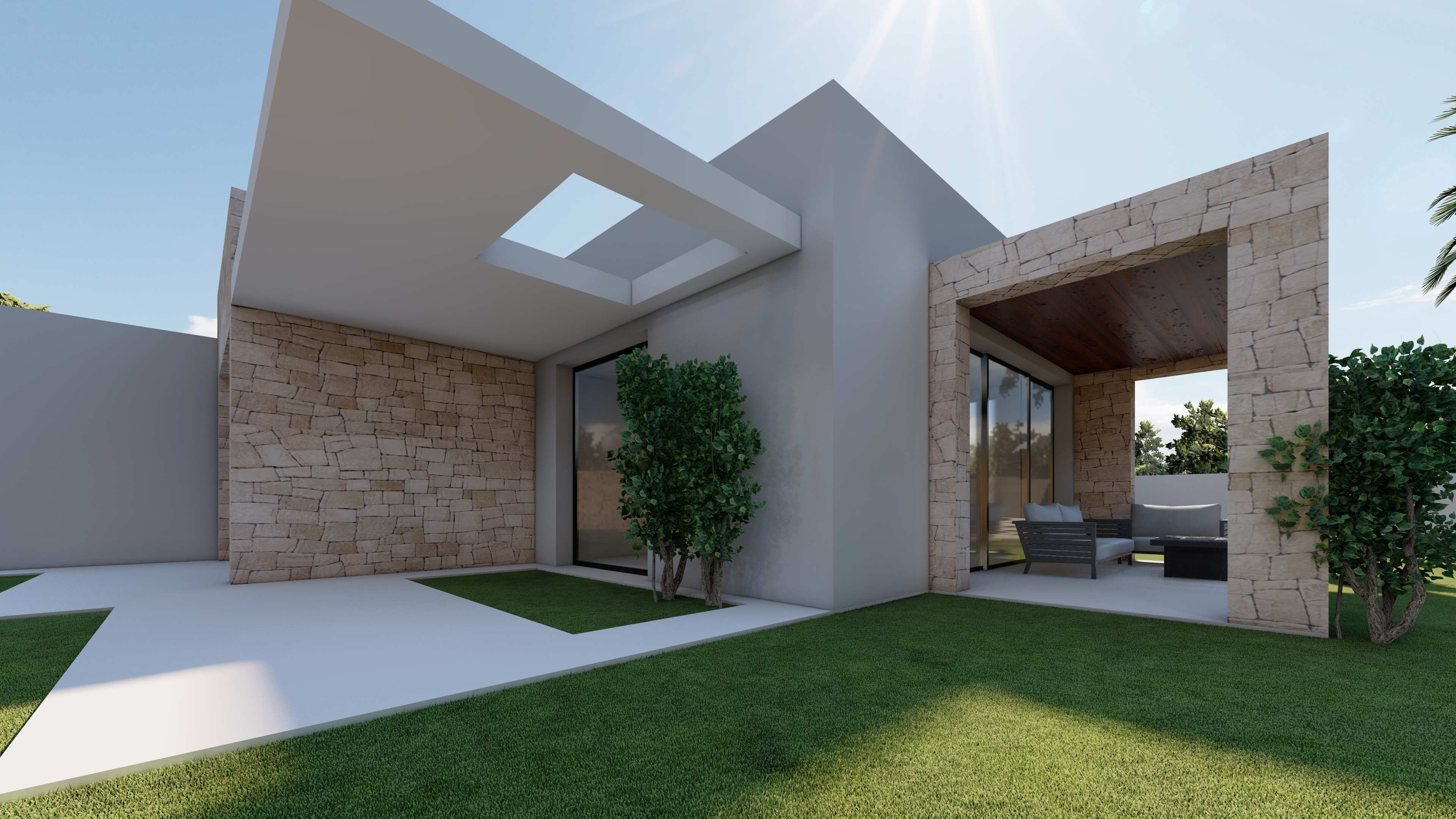Façade moderne avec murs en pierre naturelle, finitions lisses et porche couvert au plafond en bois, incluant un salon extérieur intégré au jardin.