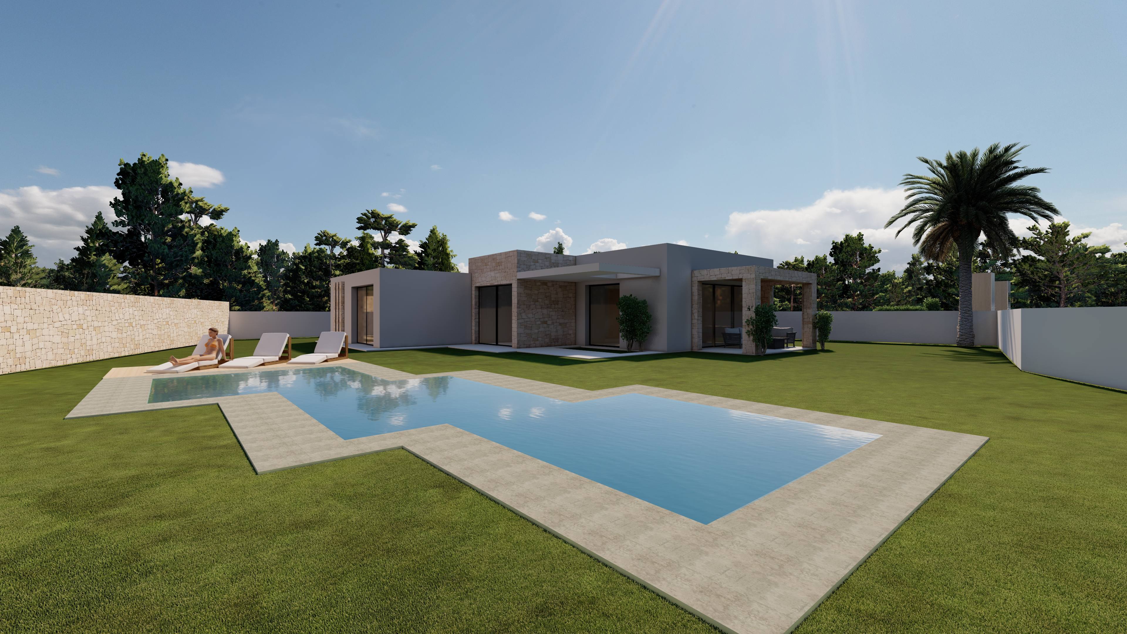 Villa au design contemporain avec piscine angulaire, vaste jardin de pelouse et porche revêtu de pierre naturelle jouxtant de grandes baies vitrées.
