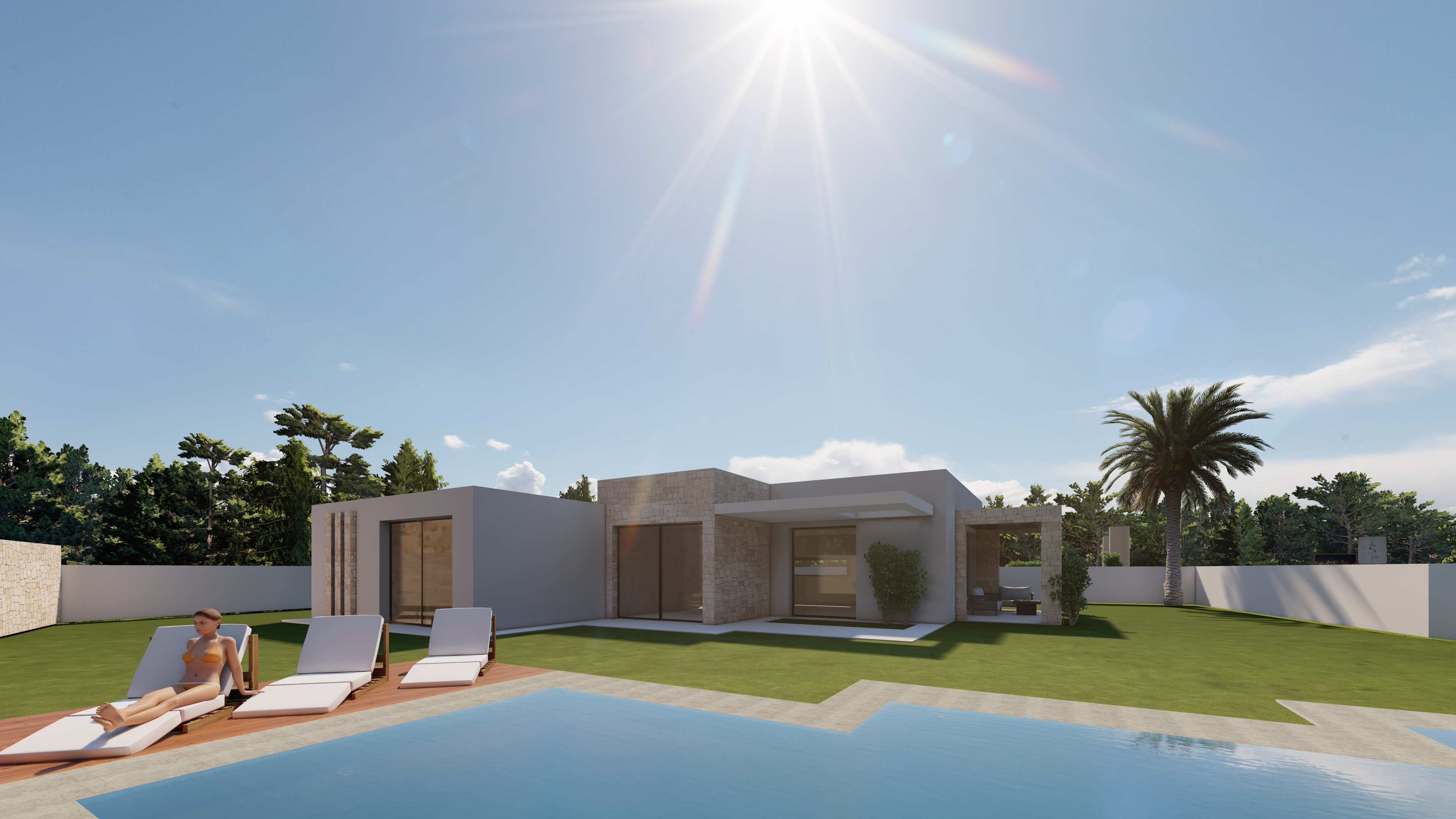 Villa contemporaine de plain-pied avec piscine, terrasse en bois et façade en pierre naturelle. Jardin spacieux avec pelouse et grandes baies vitrées.
