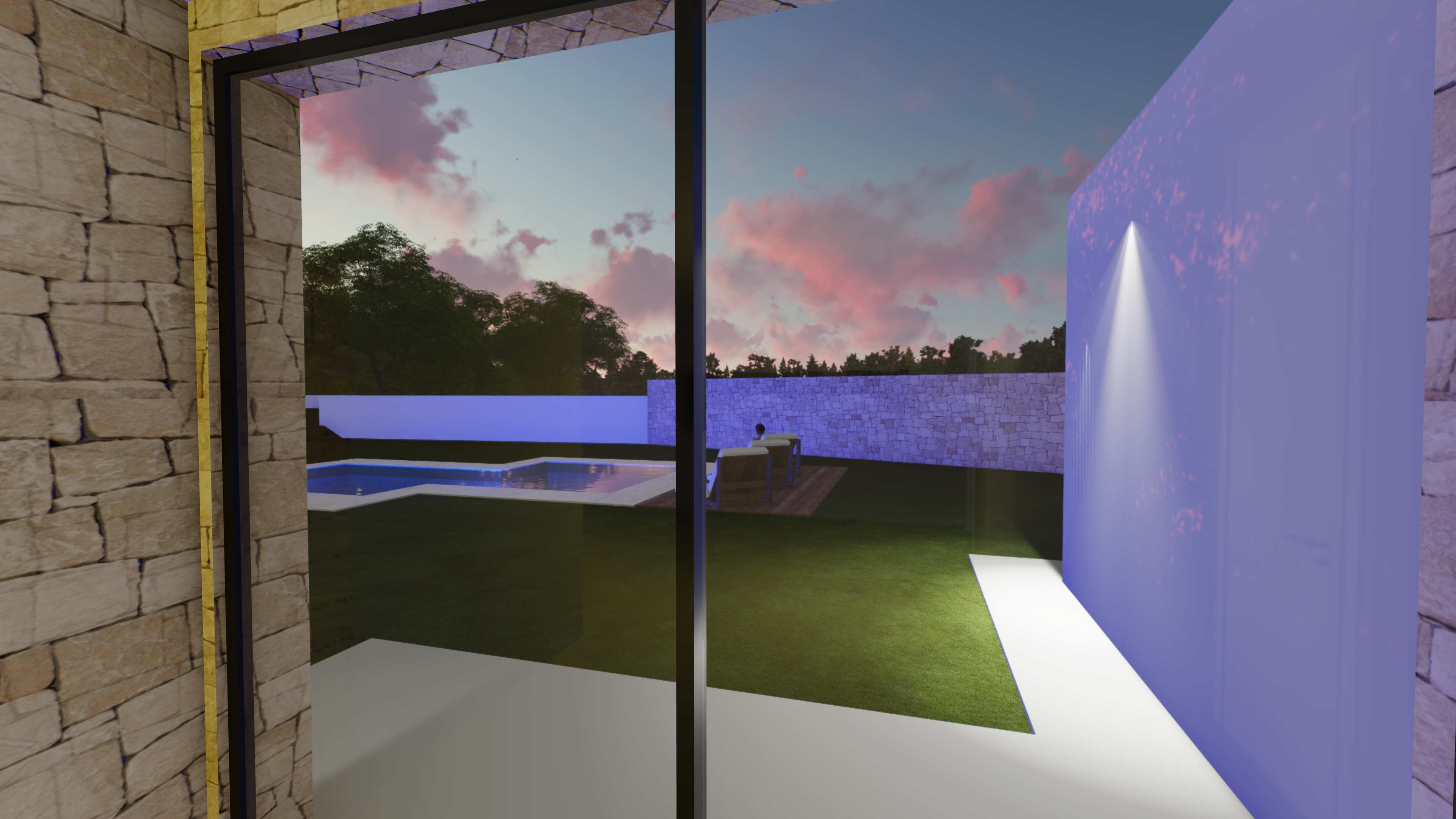 Vue depuis l'intérieur sur le jardin avec piscine, soulignant les murs en pierre naturelle et l'espace détente au coucher du soleil.