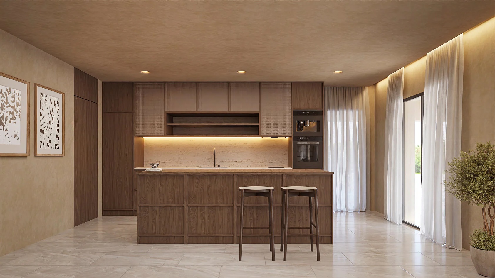 Cuisine de designer avec îlot central en bois sombre, électroménagers intégrés et plan de travail en pierre. Éclairage LED indirect et murs aux tons naturels.
