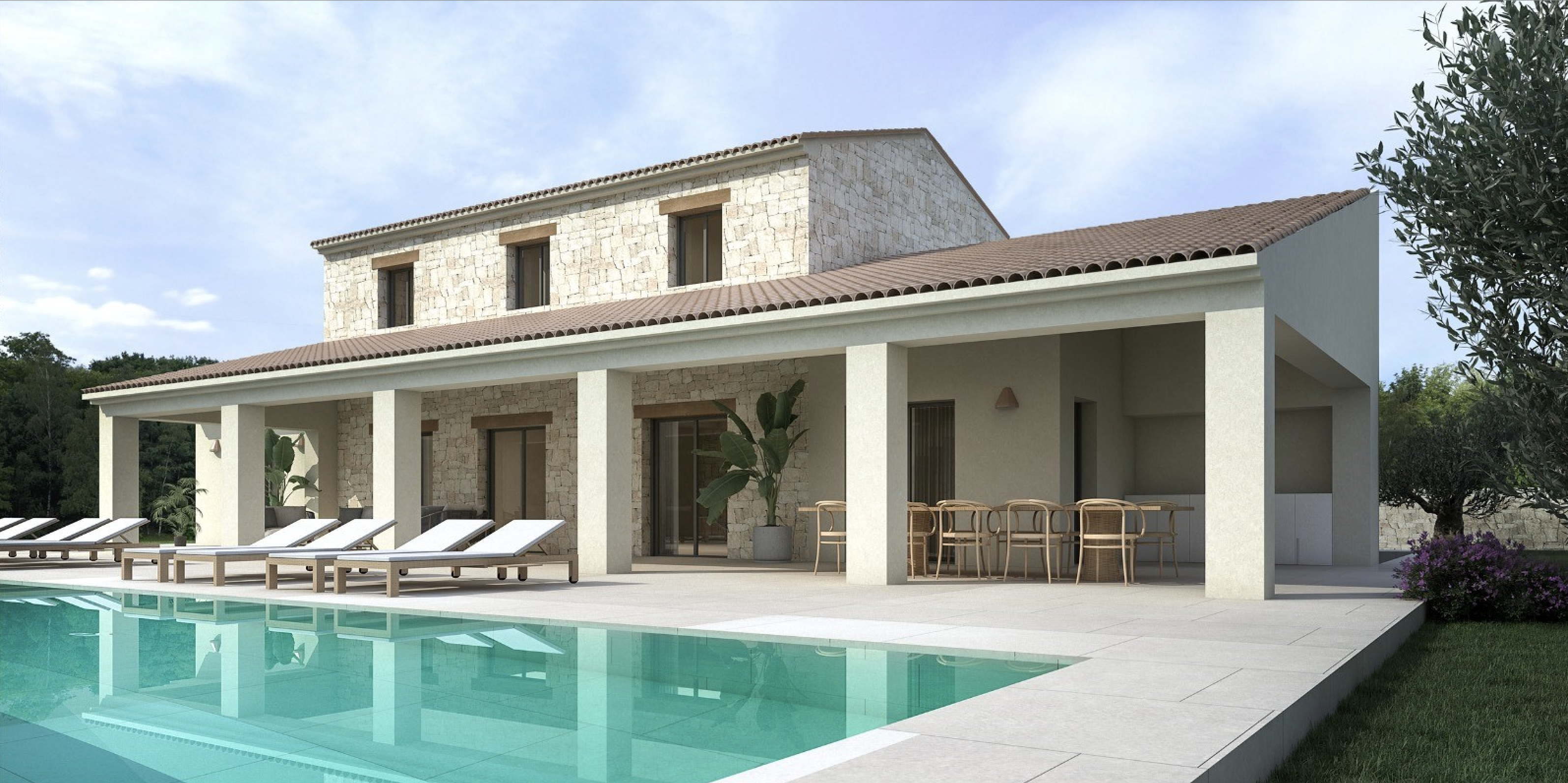 Extérieur de villa méditerranéenne avec façade en pierre naturelle, vaste terrasse couverte avec espace repas et piscine entourée de bains de soleil.