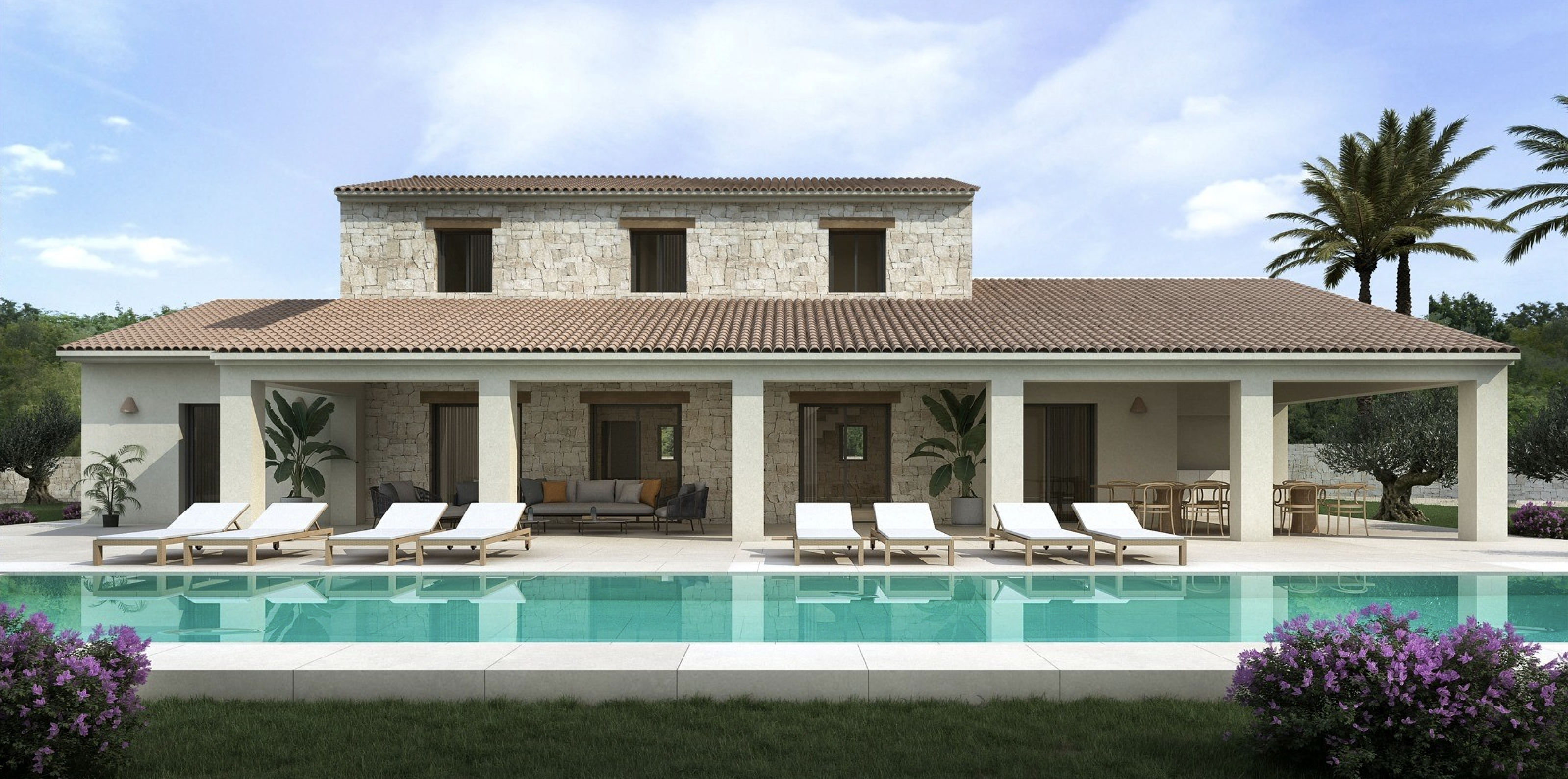 Façade méditerranéenne en pierre et enduit avec vaste terrasse couverte, piscine rectangulaire et espace solarium agrémenté de mobilier extérieur moderne.
