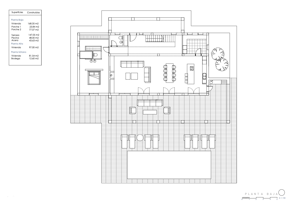 Plan détaillé du rez-de-chaussée illustrant l'espace de vie ouvert, la cuisine avec îlot, une suite parentale et la grande terrasse avec piscine de 48 m2.