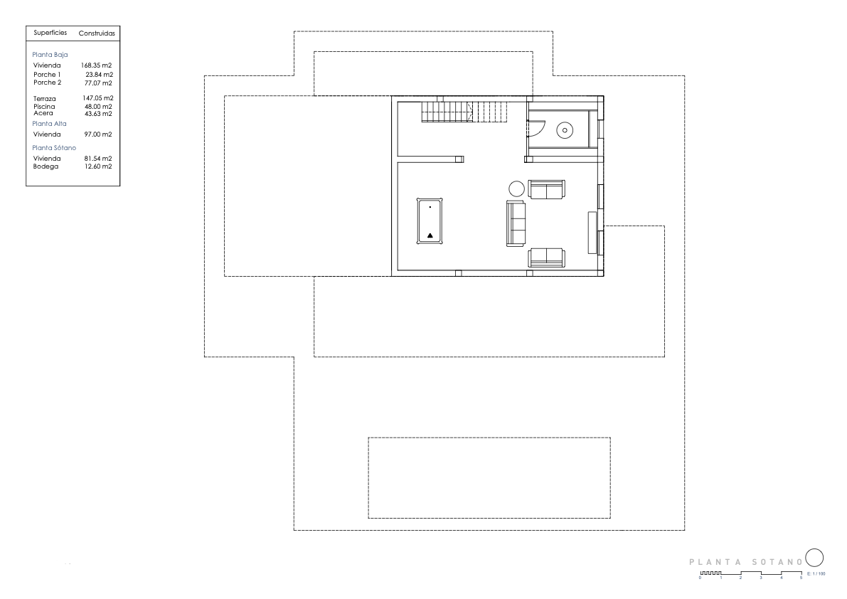 Plan détaillé du sous-sol de 81,54 m², comprenant un espace de loisirs avec billard, un salon et une cave à vin séparée de 12,60 m².