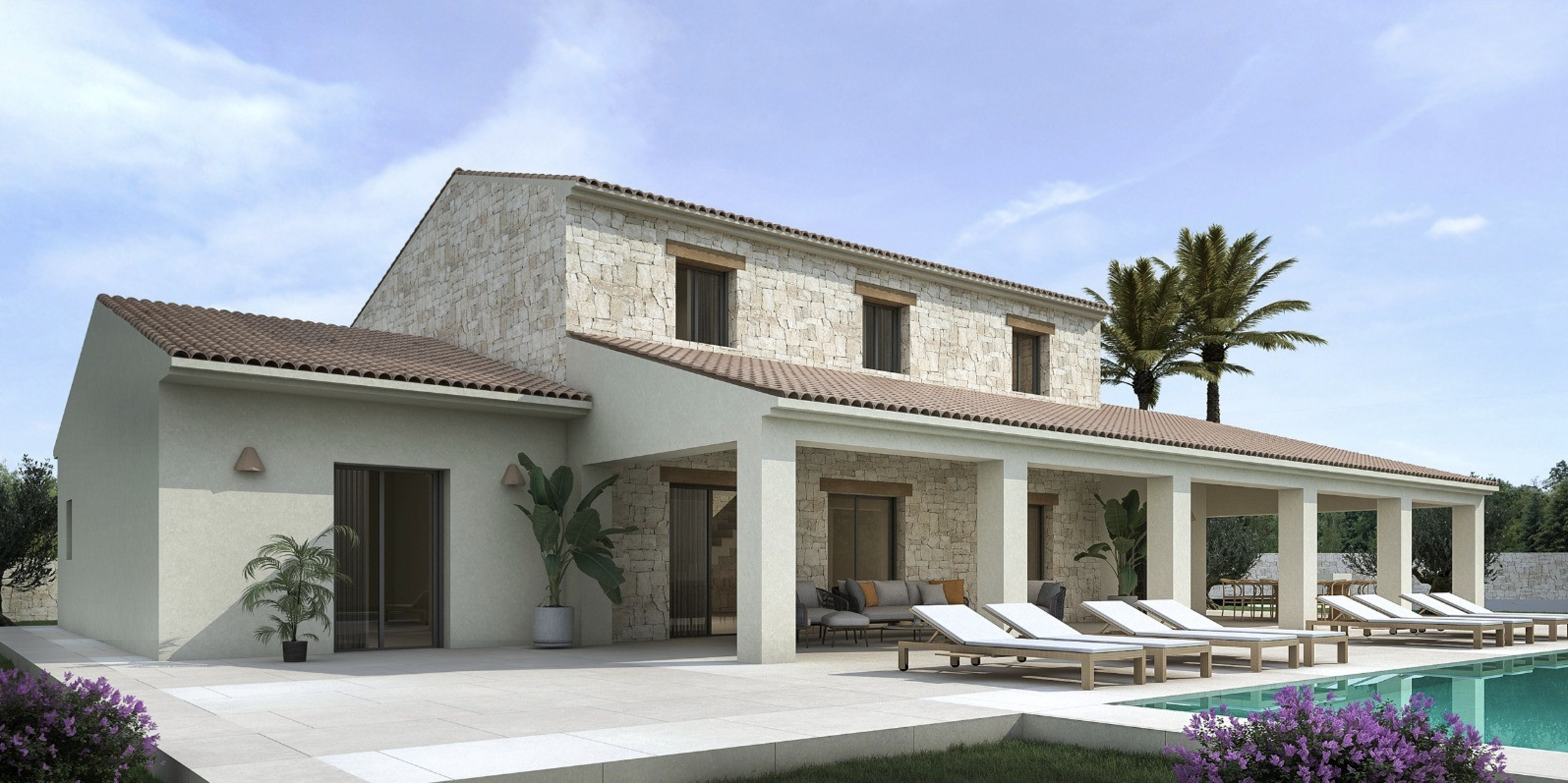 Villa méditerranéenne avec façade en pierre naturelle, vaste porche couvert, salon d'été et terrasse ensoleillée bordant une piscine aux eaux cristallines.