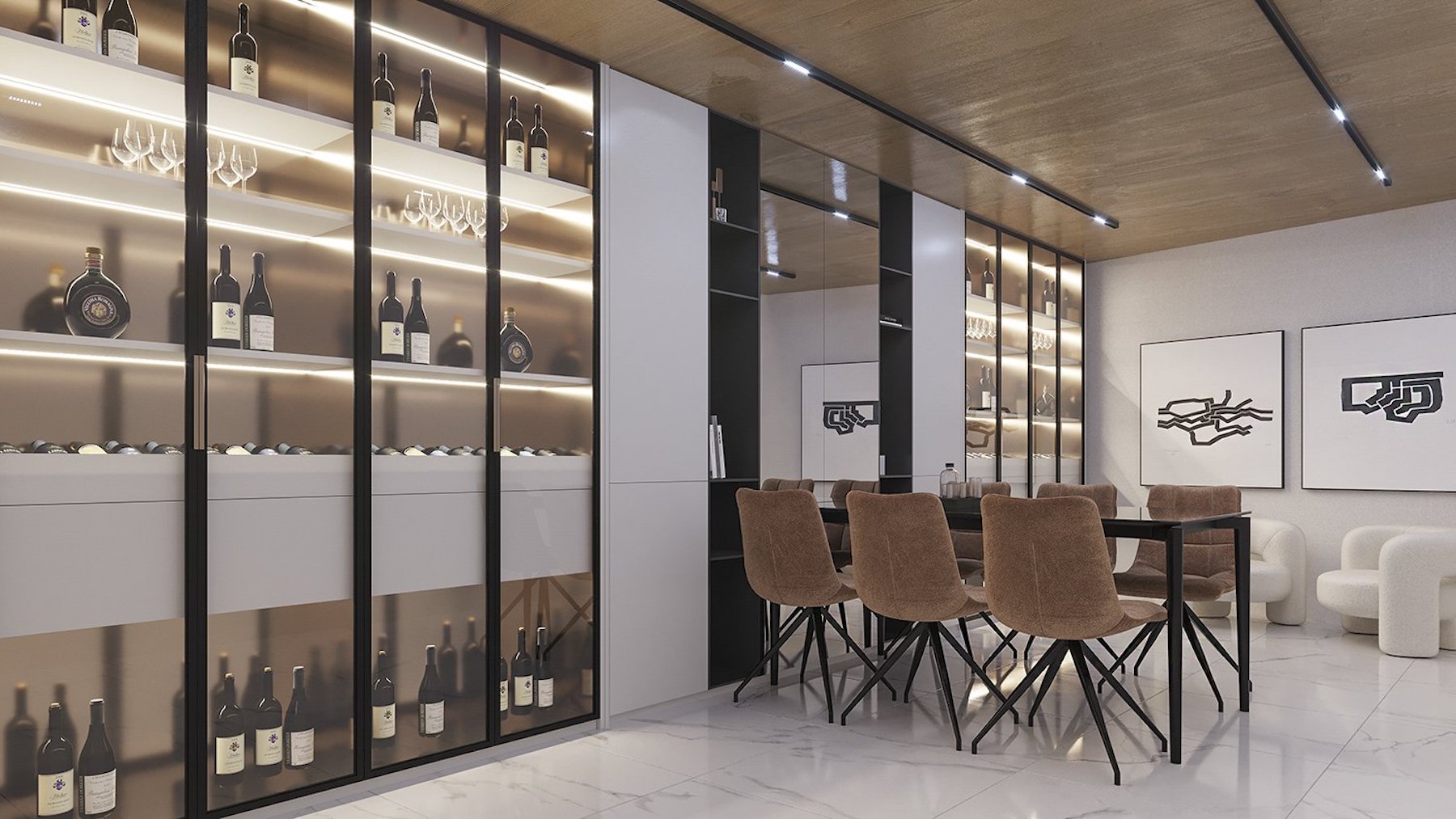 Cave à vin contemporaine avec vitrines rétroéclairées, plafonds en bois avec éclairage sur rail et espace de dégustation avec mobilier design sur sol en marbre.