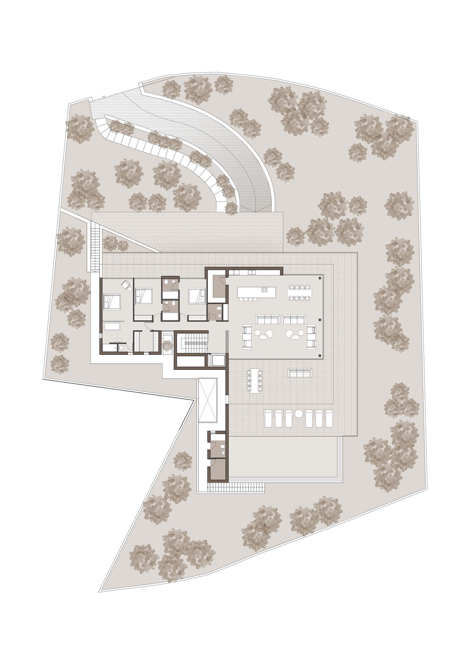 Plan architectural de l'étage supérieur illustrant un espace de vie ouvert de 90m², des chambres avec salle de bain attenante et une vaste terrasse avec espace piscine.