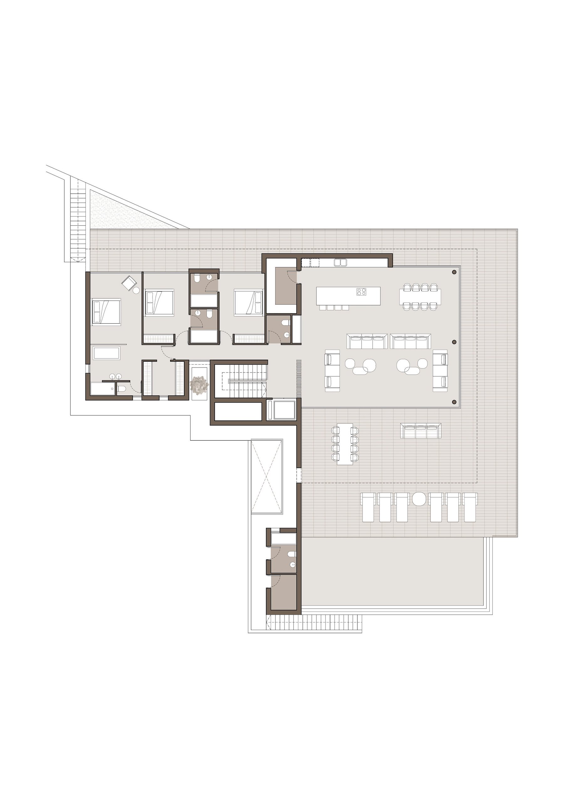 Plan d'architecte de l'étage supérieur illustrant un espace de vie ouvert, trois chambres avec salles de bains privatives et une vaste terrasse d'angle avec zones de détente.