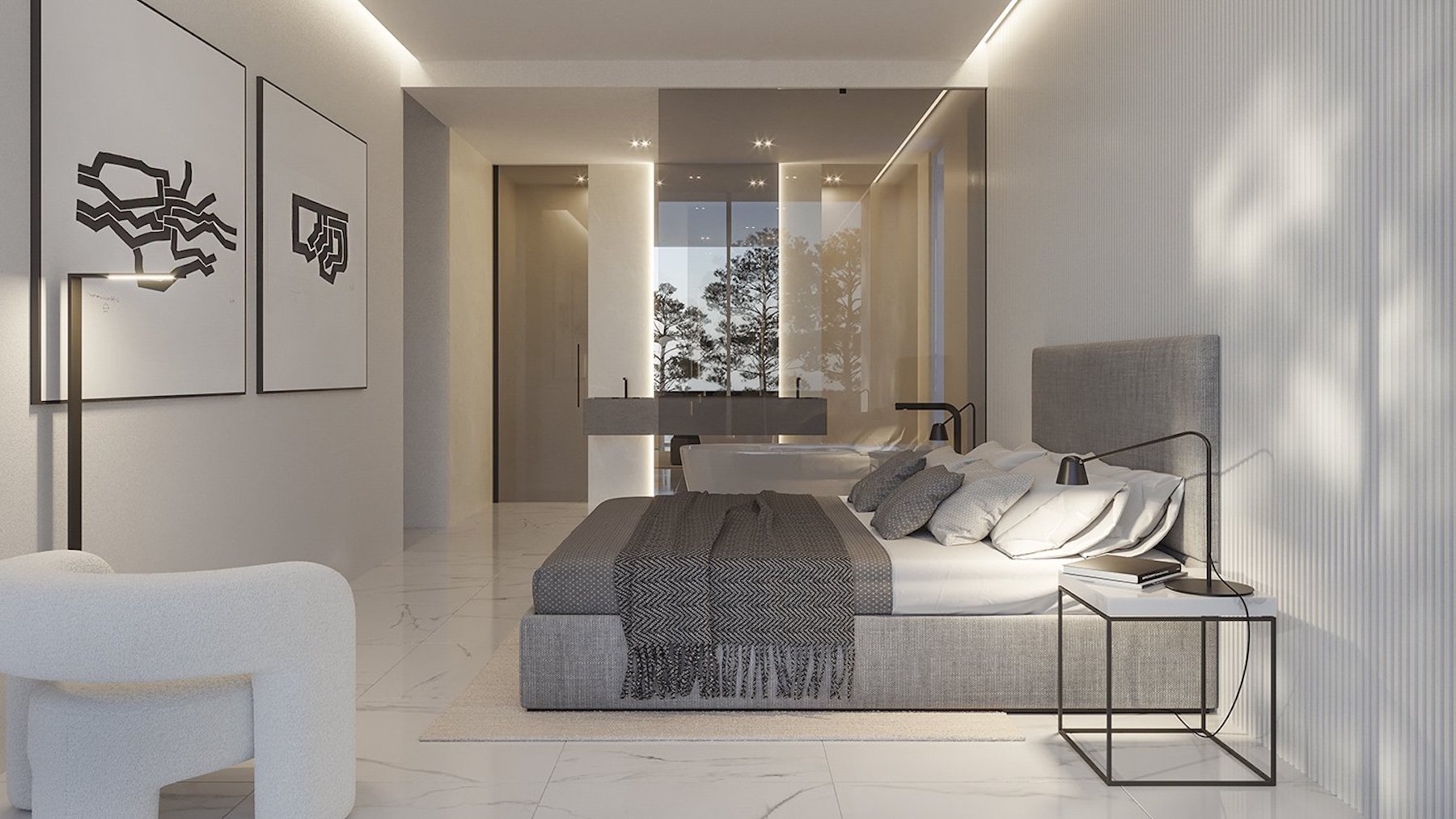 Suite parentale avec salle de bain intégrée, sol en marbre blanc et murs texturés. Comprend une baignoire îlot et de grandes parois vitrées ouvrant sur la nature.