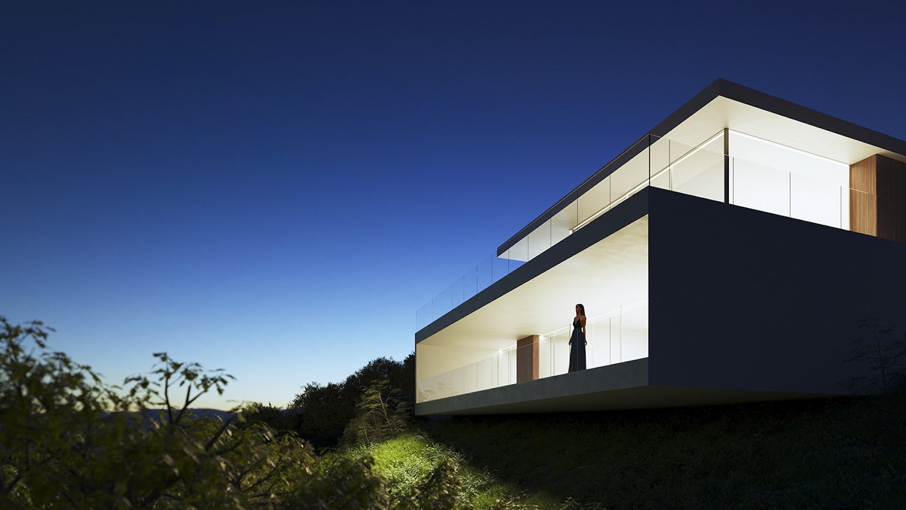 Vue extérieure au crépuscule de la villa, mettant en valeur ses terrasses en porte-à-faux, ses garde-corps en verre et son éclairage chaleureux.