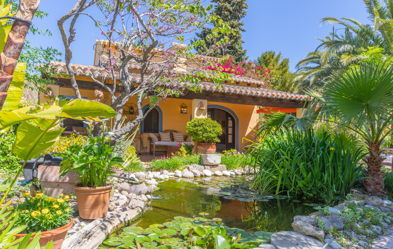 Étang de jardin avec nénuphars et végétation méditerranéenne luxuriante devant une maison d'amis traditionnelle avec porche couvert.
