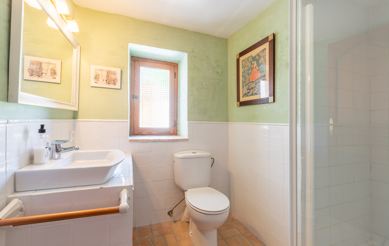 Salle de bain de style rustique avec murs vert pastel, carrelage blanc, sol en terre cuite et fenêtre en bois apportant de la lumière naturelle.