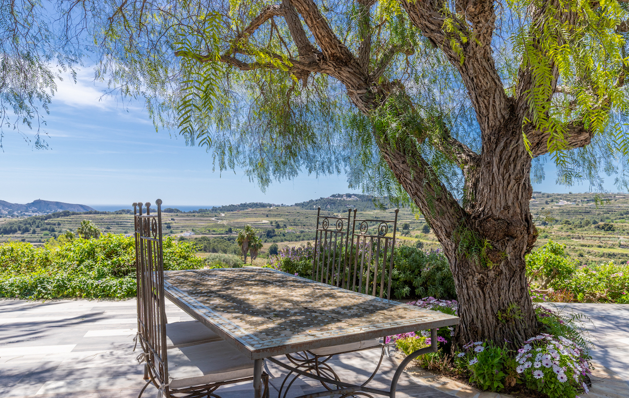 Terrasse extérieure avec table en mosaïque ombragée par un grand poivrier, offrant une vue dégagée sur les vignobles et la mer Méditerranée au loin.