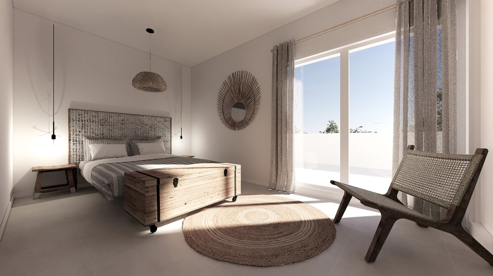 Chambre de style méditerranéen avec tête de lit texturée, coffre en bois et baies vitrées offrant une luminosité naturelle exceptionnelle.