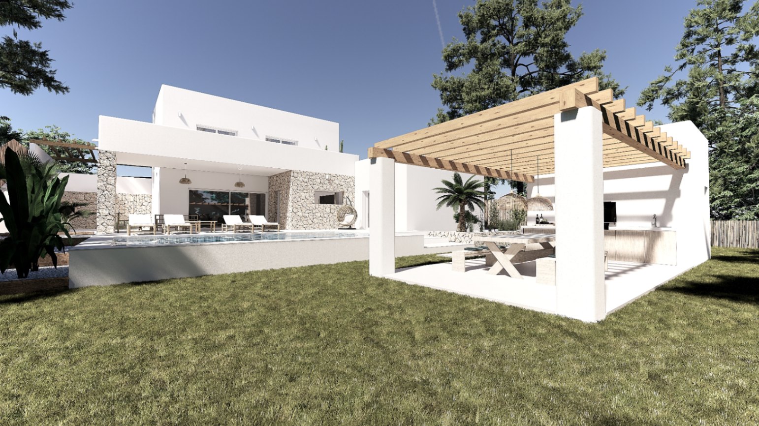 Extérieur de la villa avec piscine, pelouse et pergola en bois abritant une cuisine d'été et un espace repas, entouré de murs en pierre naturelle.