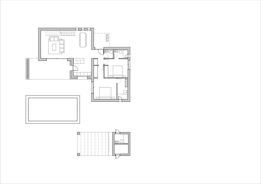 Plan d'architecte détaillé montrant l'agencement du salon-salle à manger, de la cuisine ouverte, des chambres privatives et de la piscine extérieure.