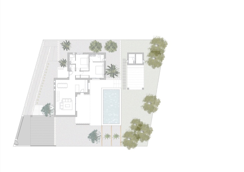 Plan de masse architectural illustrant l'agencement intérieur, l'emplacement de la piscine, les terrasses extérieures et l'aménagement paysager méditerranéen.