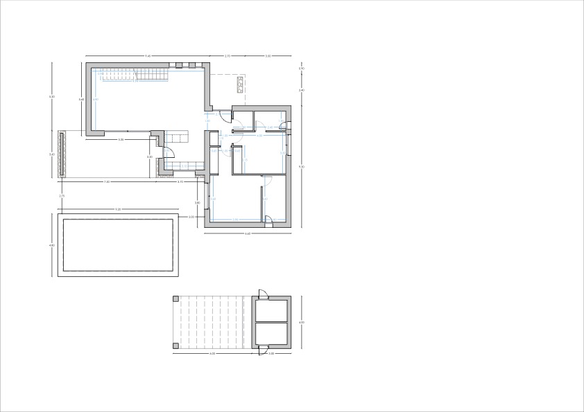 Plan technique détaillé du rez-de-chaussée illustrant la distribution des pièces, la zone de la piscine et la pergola extérieure avec mesures.