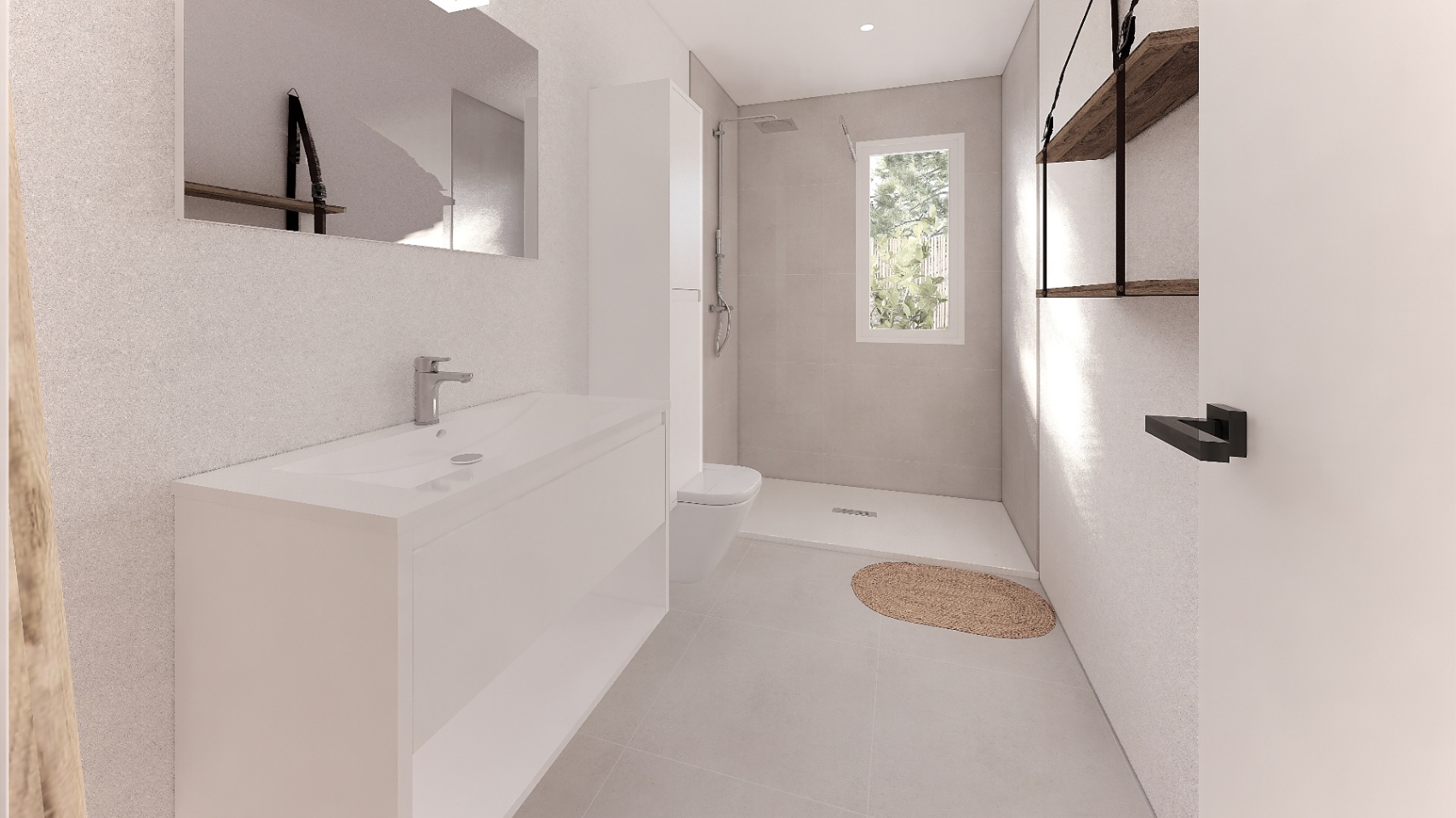 Salle de bains moderne avec vasque blanche, douche à l'italienne et étagères en bois. La fenêtre offre une lumière naturelle et vue sur la végétation.