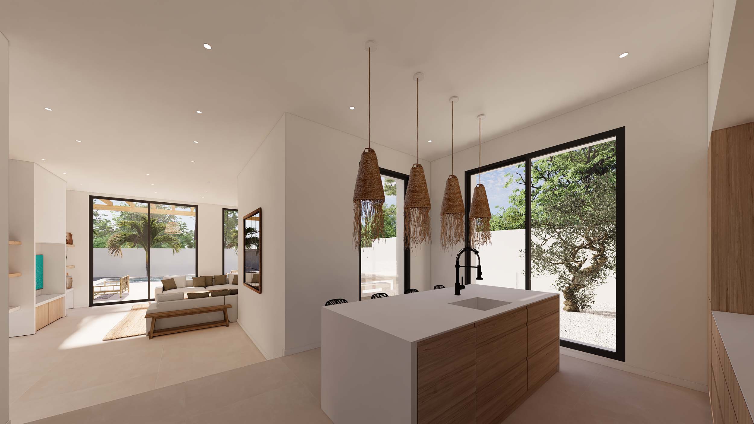 Cuisine moderne avec îlot en bois et plan de travail blanc, ornée de suspensions en fibres naturelles. Les grandes baies vitrées s'ouvrent sur le jardin et la piscine.