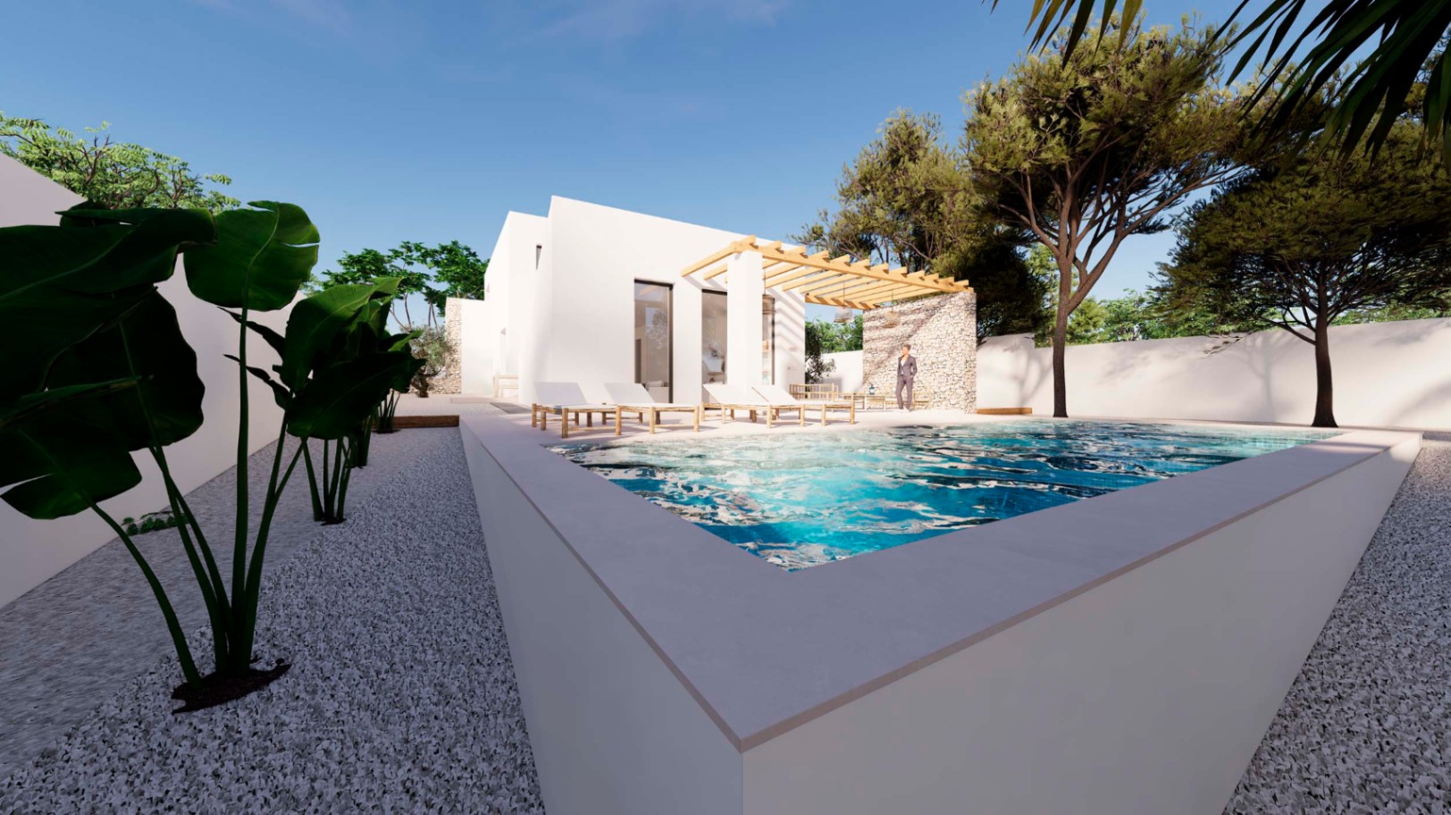 Extérieur de style ibizien avec piscine surélevée, pergola en bois et mur en pierre naturelle, complété par une terrasse ensoleillée et un jardin méditerranéen.
