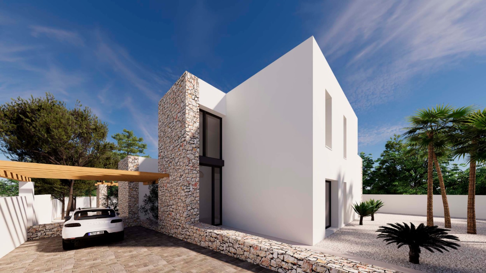 Façade de style ibizien avec murs en pierre naturelle, pergola de parking en bois et jardin méditerranéen en gravier avec palmiers.
