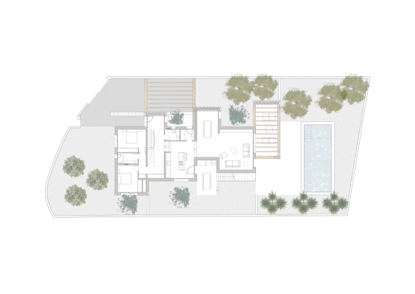Plan détaillé du rez-de-chaussée illustrant la disposition des chambres, de l'espace de vie ouvert, de la piscine extérieure et des jardins paysagers.