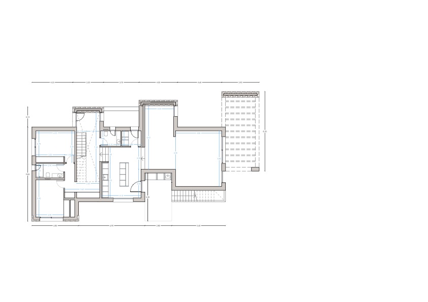 Plan technique détaillé du rez-de-chaussée, illustrant la disposition des chambres, des salles de bains et de la cuisine ouverte avec îlot central.