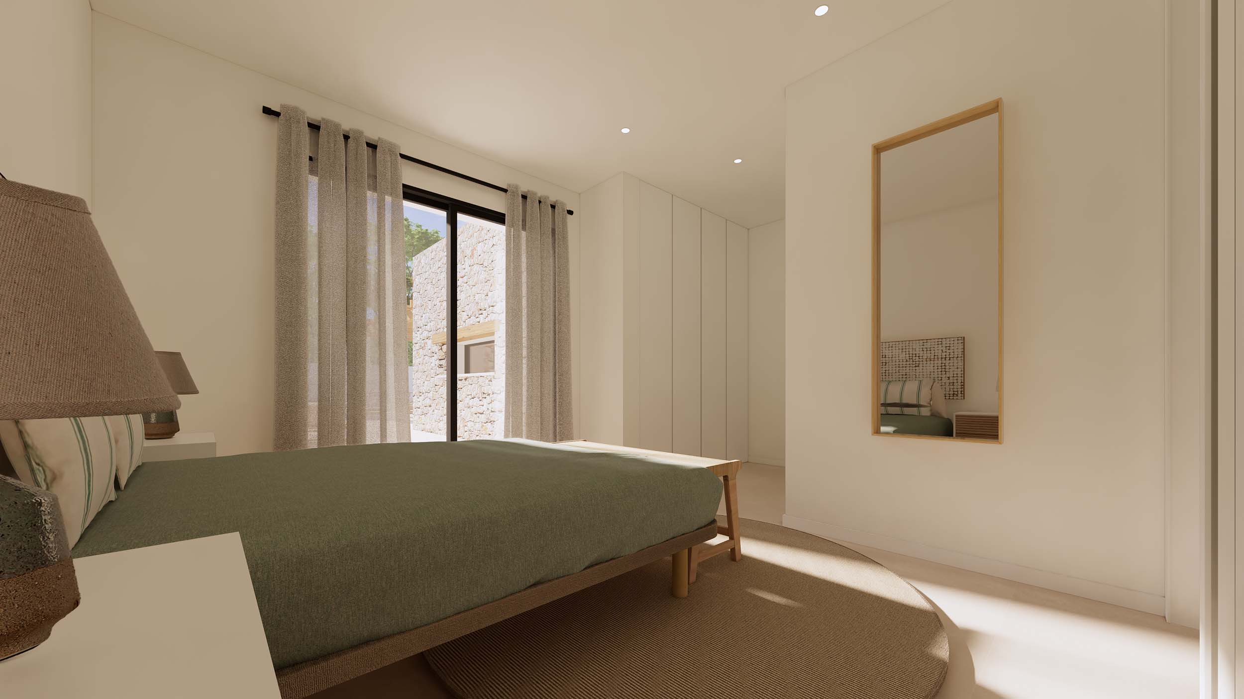 Chambre minimaliste avec armoires encastrées, miroir de plain-pied et baie vitrée ouvrant sur une terrasse aux murs en pierre naturelle.