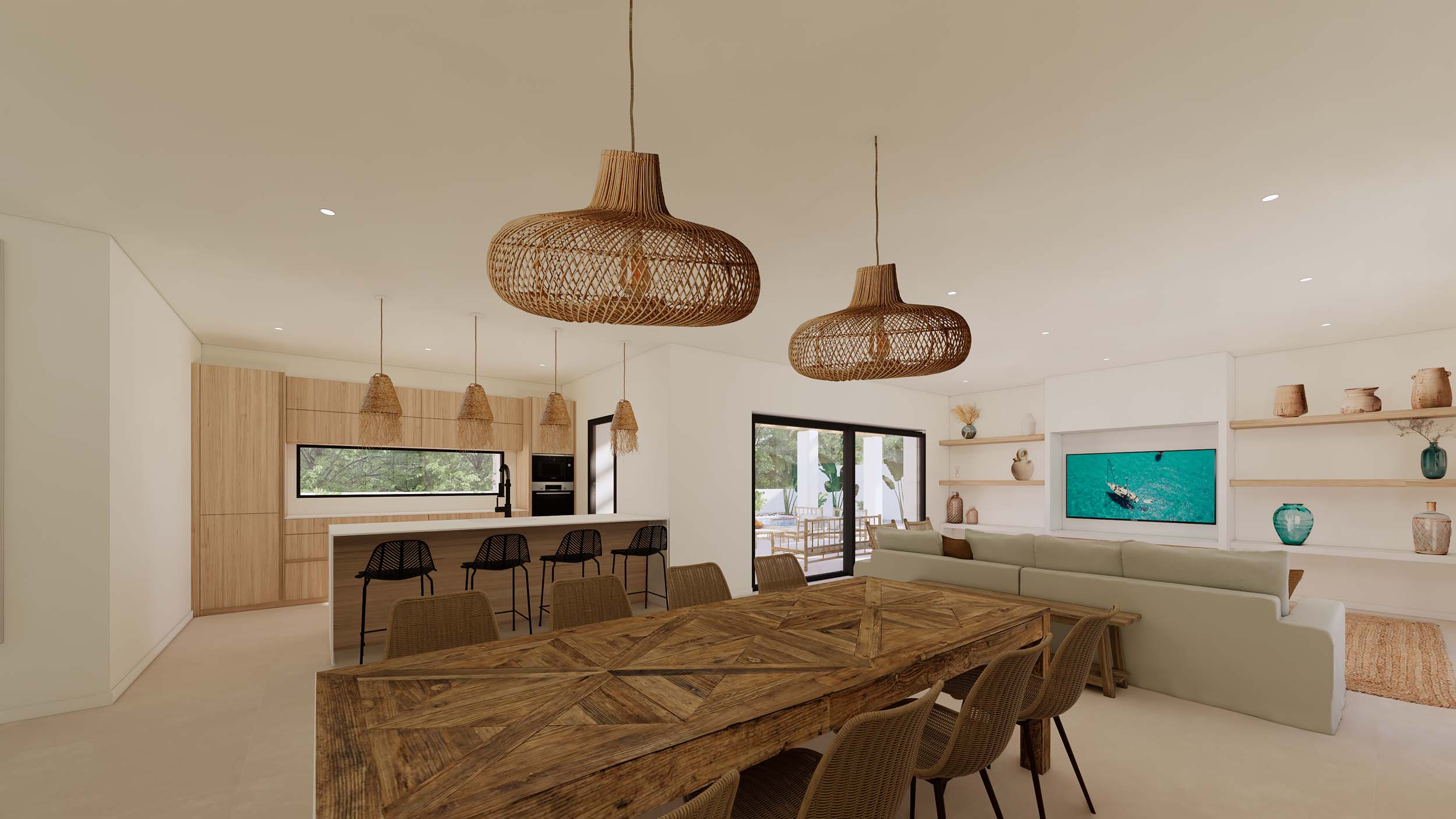 Espace de vie ouvert avec table en bois massif, cuisine intégrée avec îlot et suspensions en fibres naturelles, offrant un accès direct vers l'extérieur.
