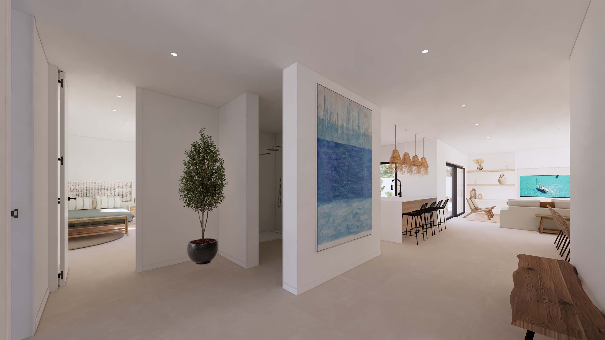 Hall intérieur avec une grande peinture abstraite, reliant l'espace de vie ouvert, l'îlot de cuisine et une chambre aux finitions en bois naturel.