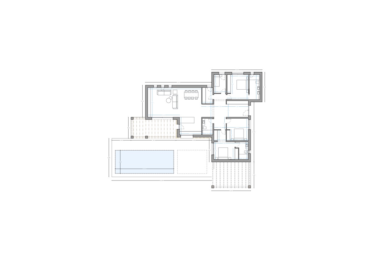 Plan d'architecte détaillé montrant la distribution de plain-pied avec quatre chambres en suite, un séjour ouvert et une terrasse extérieure avec piscine.