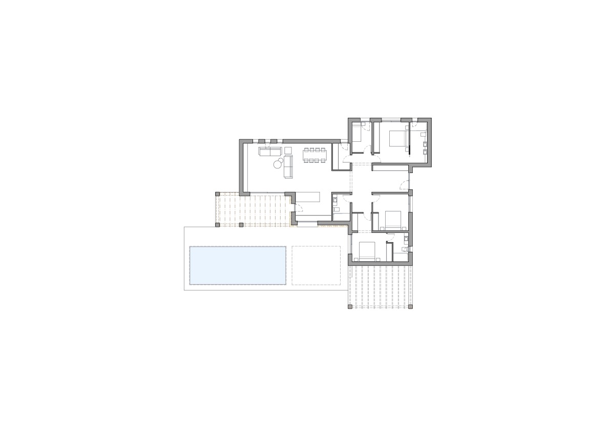 Plan d'architecte illustrant la distribution fonctionnelle avec quatre chambres en suite, un séjour ouvert et un espace extérieur comprenant piscine et pergolas.