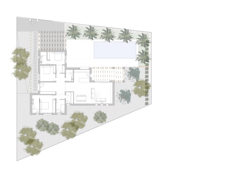 Plan de masse architectural détaillant la distribution des quatre chambres, le séjour ouvert et les aménagements extérieurs avec piscine et pergola.