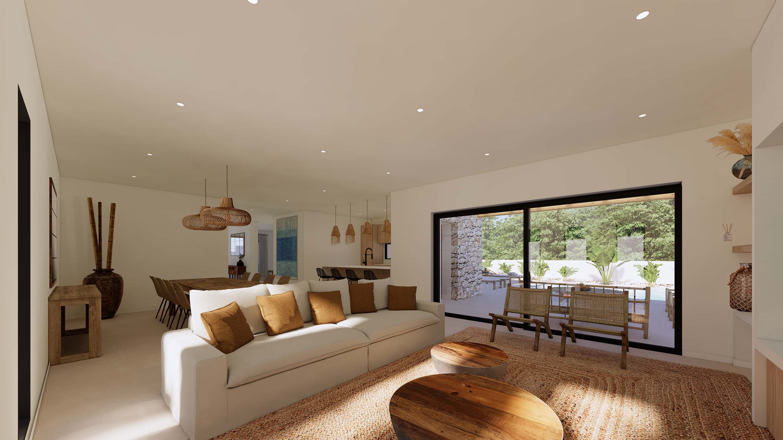 Salon-salle à manger à aire ouverte avec de grandes baies vitrées ouvrant sur la terrasse. Décoration épurée aux tons naturels et cuisine intégrée.