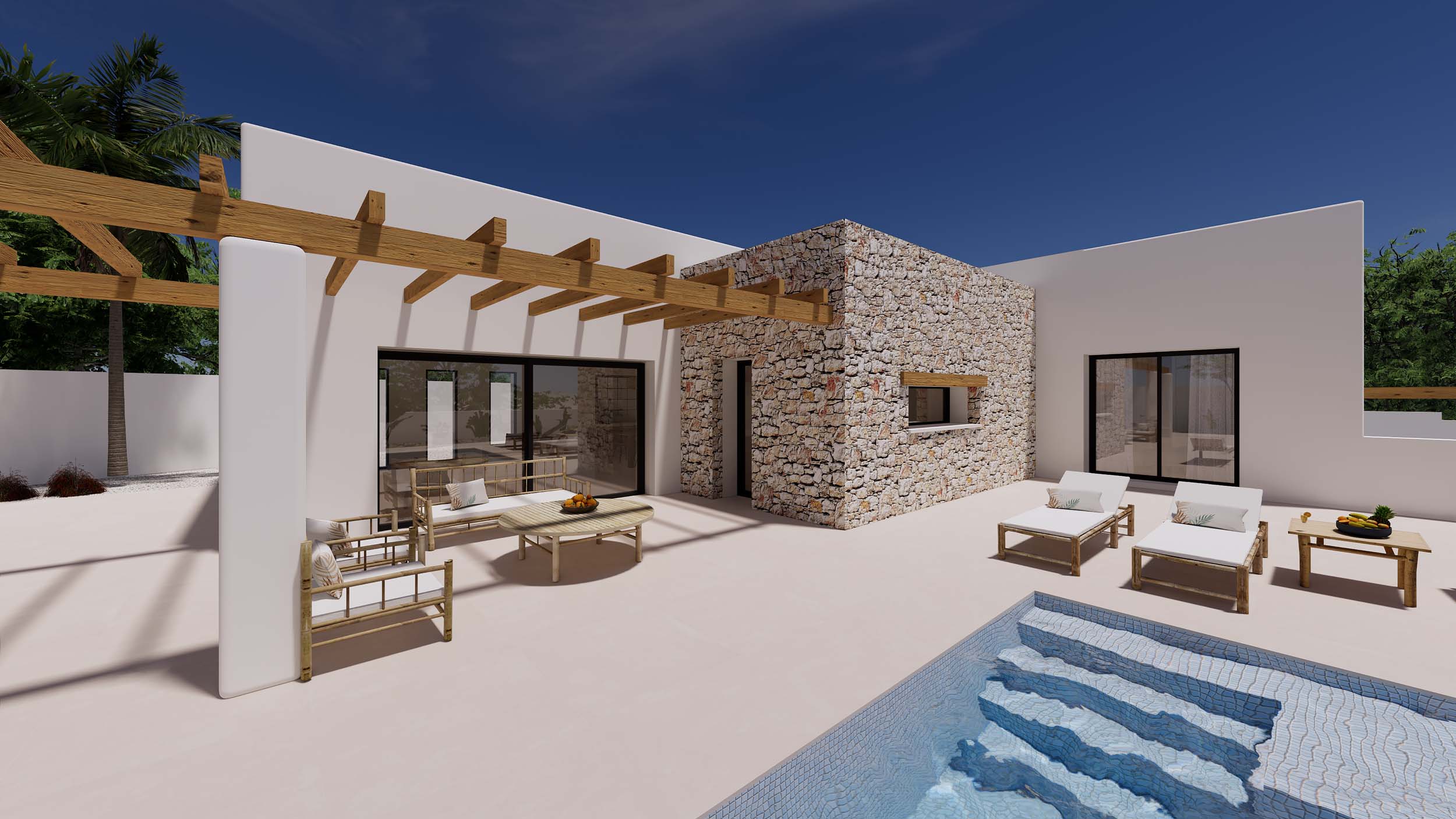 Terrasse extérieure avec pergola en bois, coin salon et piscine. Façades blanches mariées à des murs en pierre naturelle et du mobilier en bois clair.