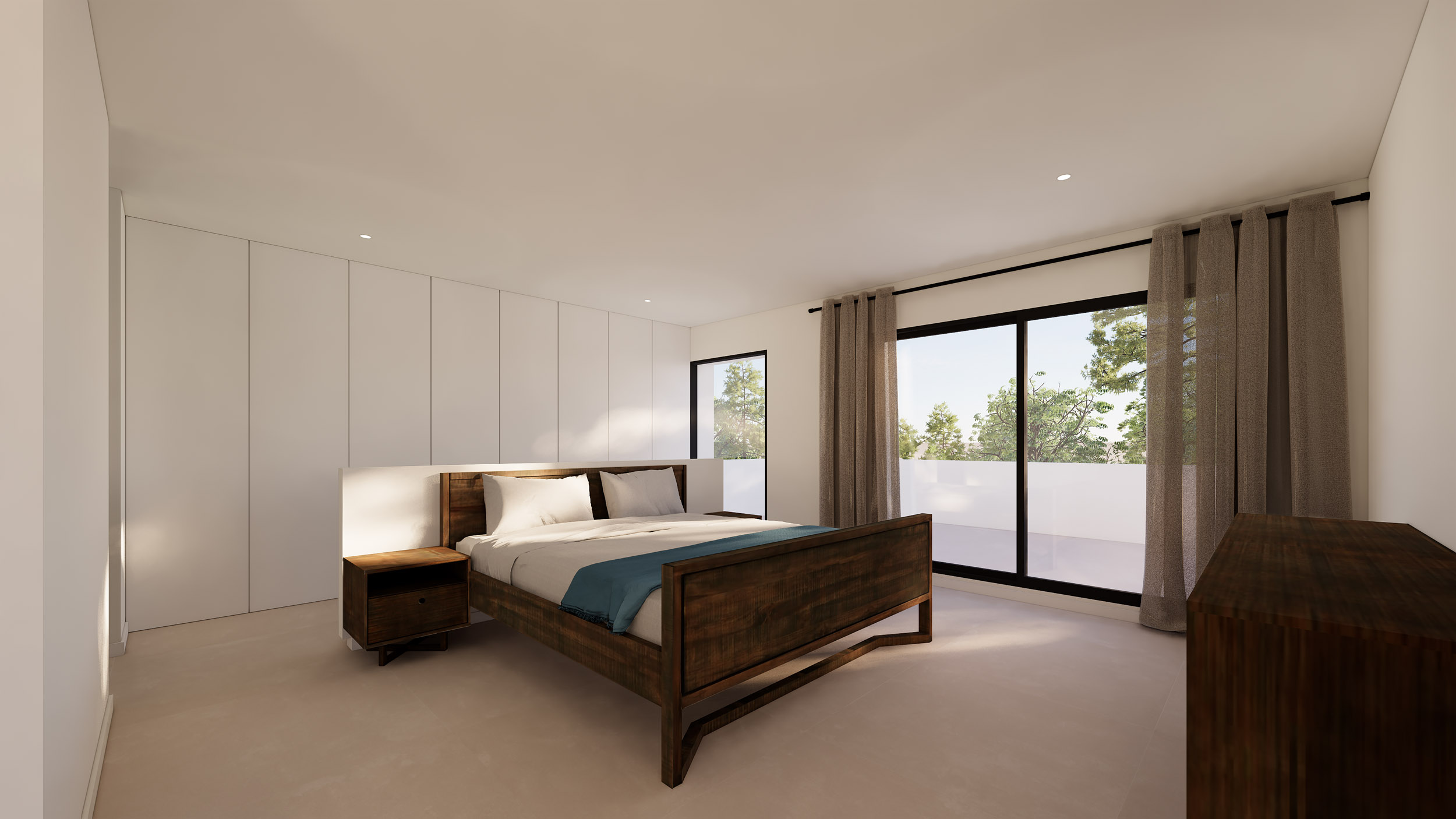 Chambre principale avec placards intégrés minimalistes, lit en bois sombre et accès direct à la terrasse privée par de grandes baies vitrées.