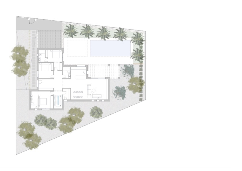 Plan détaillé du rez-de-chaussée et des extérieurs, présentant la disposition des trois chambres en suite, du séjour ouvert, de la piscine et du jardin paysager.