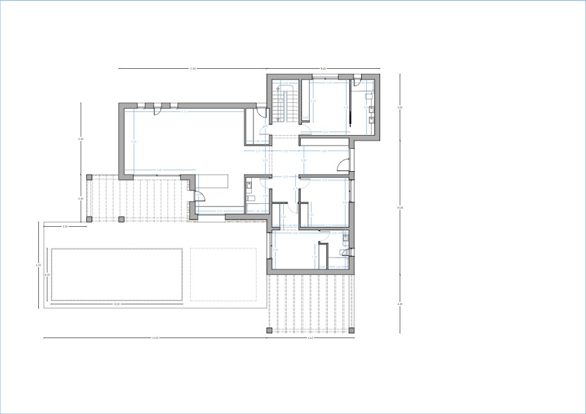 Plan technique détaillé du rez-de-chaussée présentant le séjour ouvert, trois chambres avec salles de bains privatives et l'espace extérieur avec piscine et pergola.