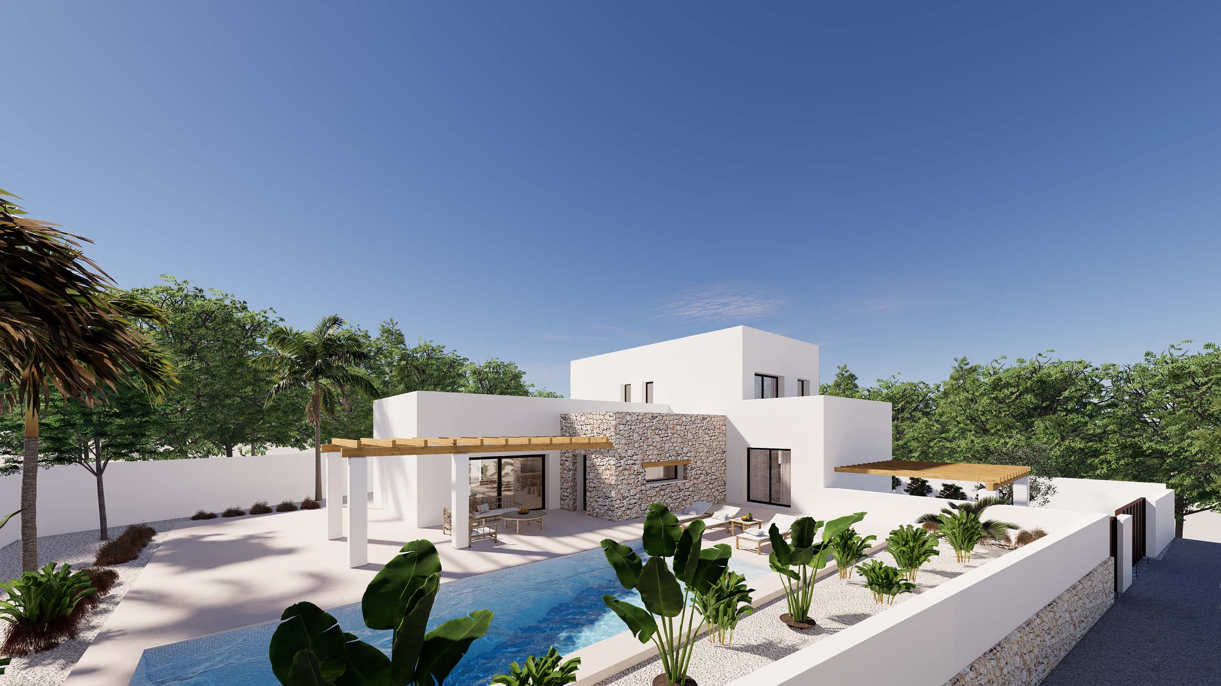 Vue extérieure de la villa avec façades blanches, pierre naturelle, piscine rectangulaire, pergolas en bois et jardin méditerranéen avec plantes tropicales.